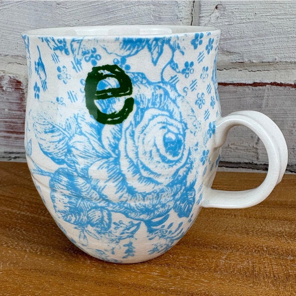 Anthropologie Homegrown Blue Toile Floral Monogram Mug Letter E Crackle Glaze
